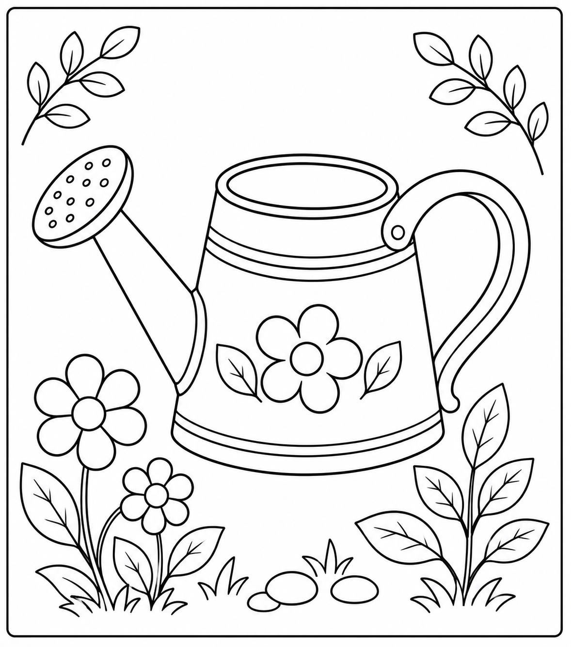 Gardening joy with a watering can Coloring Page — Free Printable — free printable coloring page